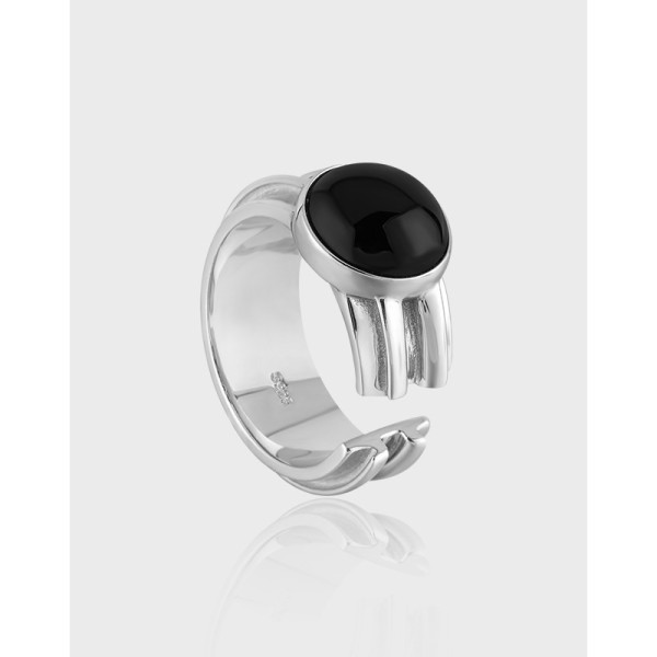 A39372 geometric circle wide vintage elegant s925 sterling silver black agate ring