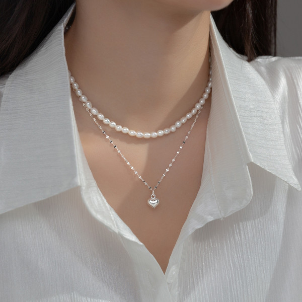 A37232 s925 sterling silver doublelayer lip heart pearl necklace