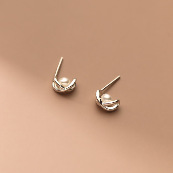 A35481 s925 sterling silver simple hollowed small trendy pearl cute earrings