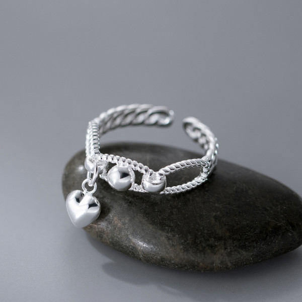 A46004 s925 sterling silver dainty simple heart bead braided twist oval ring