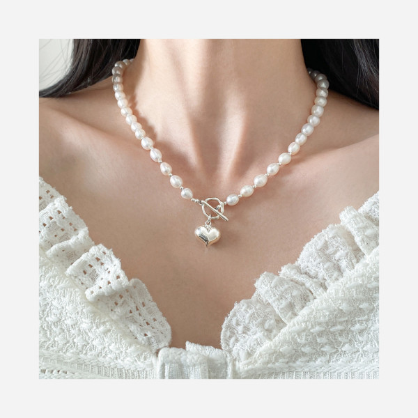 A46165 s925 silver trendy sweet heart natural pearl necklace