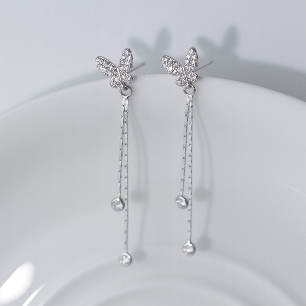 A41518 s925 sterling silver trendy rhinestone butterfly fringe string sweet elegant earrings