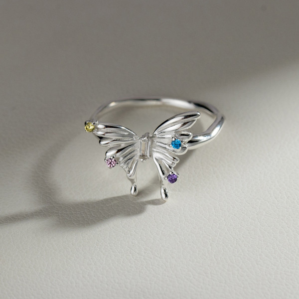 A43874 s925 sterling silver trendy sweet rhinestone butterfly ring