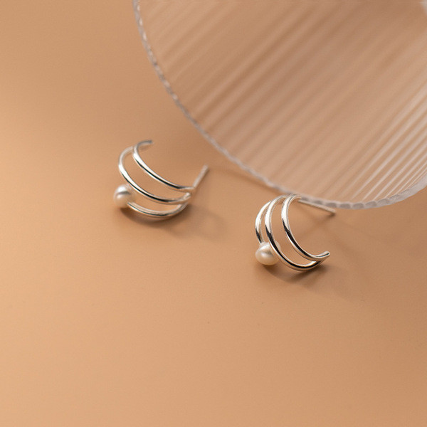 A33660 s925 sterling silver simple trendy layeC pearl chic geometric earrings