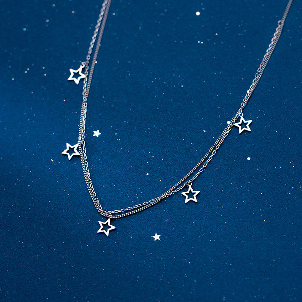 A31234 s925 sterling silver hollowed doublelayer star necklace