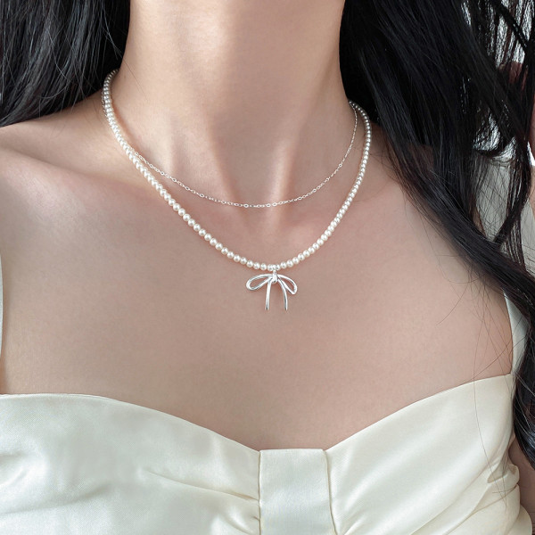 A46210 s925 silver sweet dainty double layered butterfly necklace