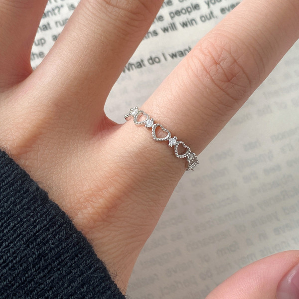 A43437 s925 silver heart trendy hollowed heartshape adjustable sweet ring