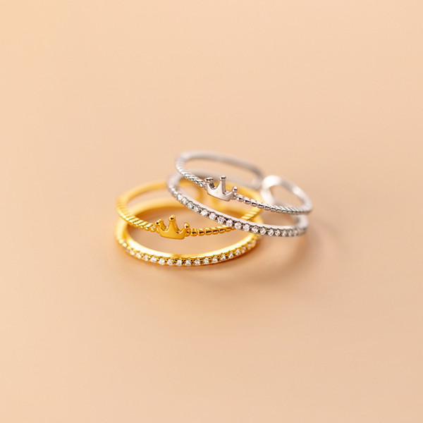 A44978 s925 silver sweet crown rhinestone double layered bar elegant ring