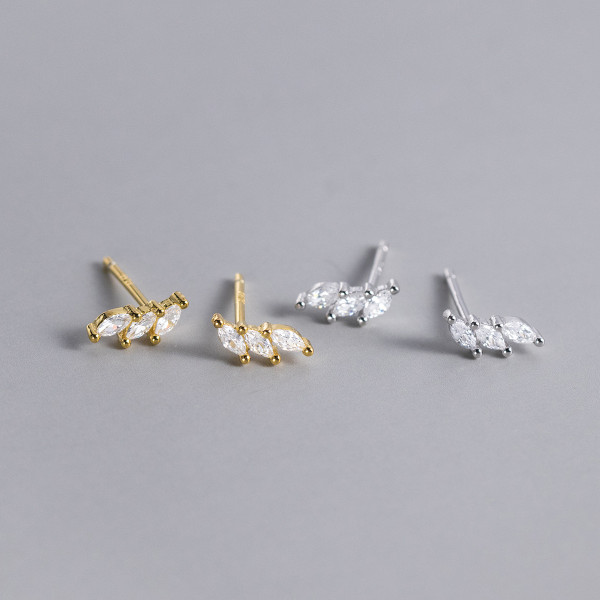 A41179 s925 silver geometric gold metal rhinestone stud cute leaf simple earrings