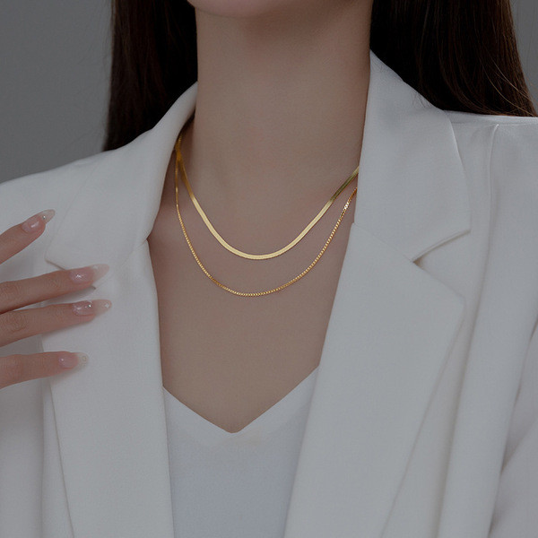 A34486 s925 sterling silver chic doublelayer sweet snakechain necklace