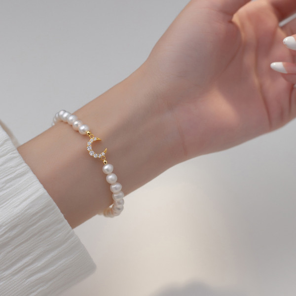 A38088 s925 sterling silver rhinestone moon charm vintage elegant design bracelet