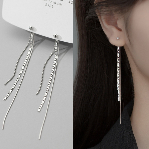 A34724 s925 sterling silver long bar tassel earrings