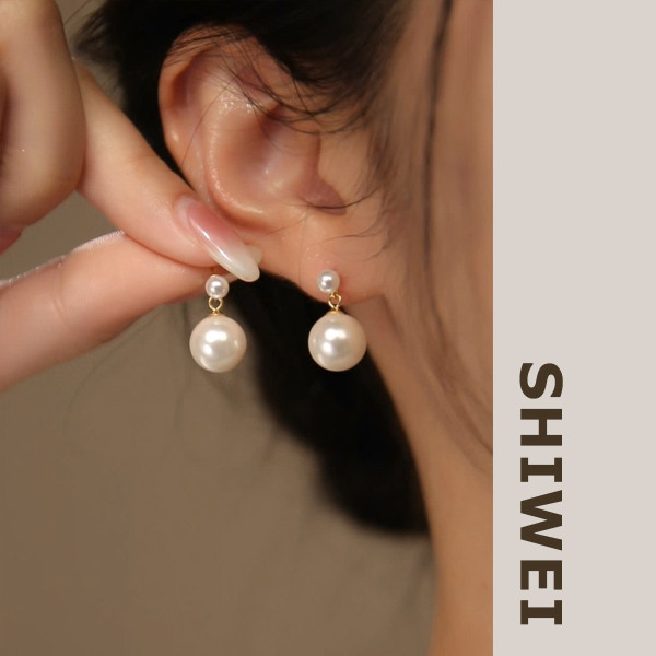 A39629 s925 silver short elegant artificial pearl simple dangle earrings