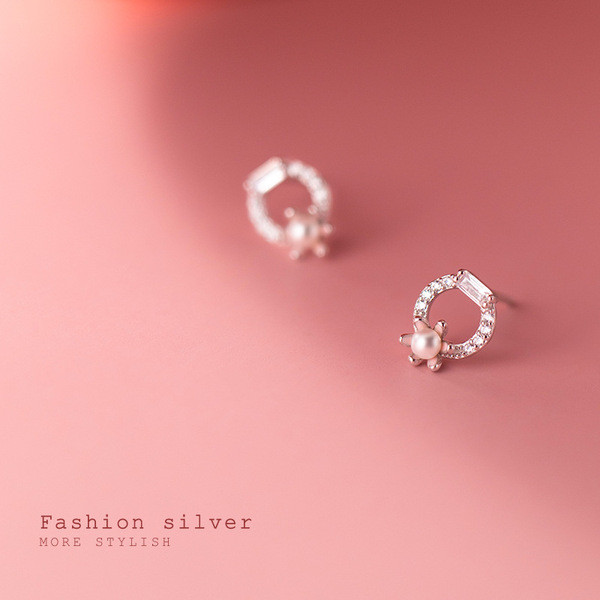 A31677 s925 sterling silver simple rhinestone pearl circle cute flower earrings