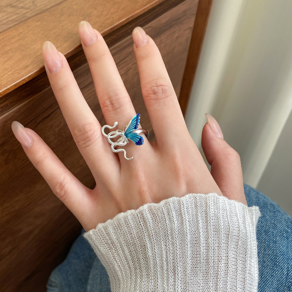 A45833 s925 sterling silver trendy sweet dainty symmetric enamel butterfly ring