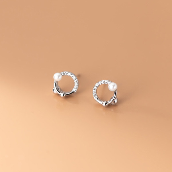 A35903 s925 sterling silver fashion circle rhinestone pearl chic earrings