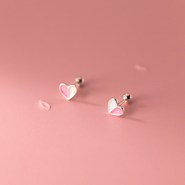 A34725 s925 sterling silver simple trendy pink white heart sweet earrings