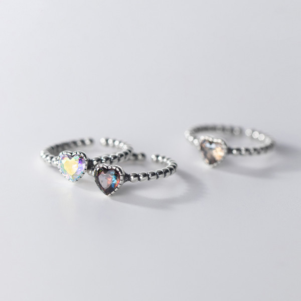 A36182 s925 sterling silver silver vintage heartshape rhinestone adjustable ring