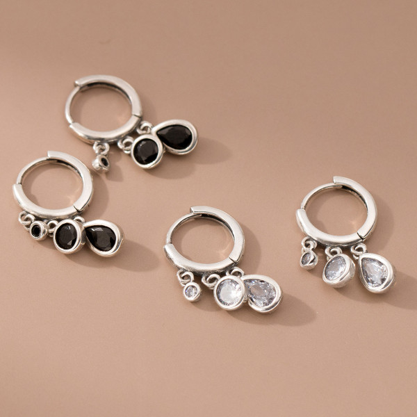 A40726 s925 sterling silver rhinestone black white fringe elegant earrings