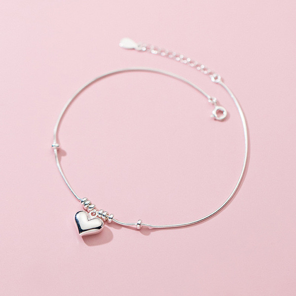 A34276 s925 sterling silver heart sweet anklet simple chic heartshape snakechain bracelet