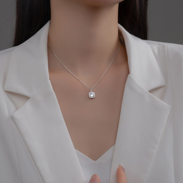 A42763 s925 silver sparkling rhinestone square extra geometric simple necklace