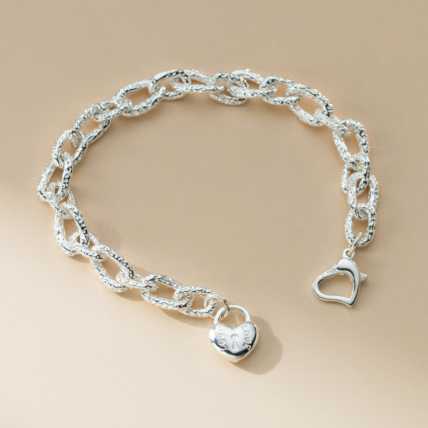 A45646 s925 silver trendy sweet dainty heart chain bar charm bracelet