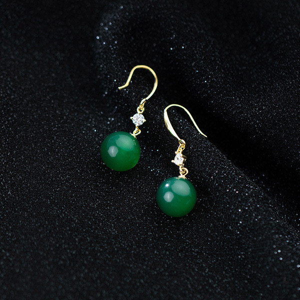 A33635 s925 sterling silver simple chic rhinestone green agate pendant earrings