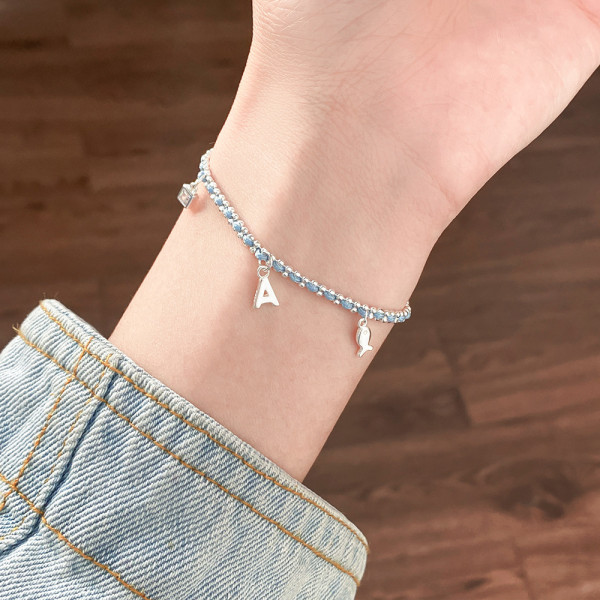 A45554 s925 silver trendy initial bangle sweet dainty rhinestone blue charm bracelet