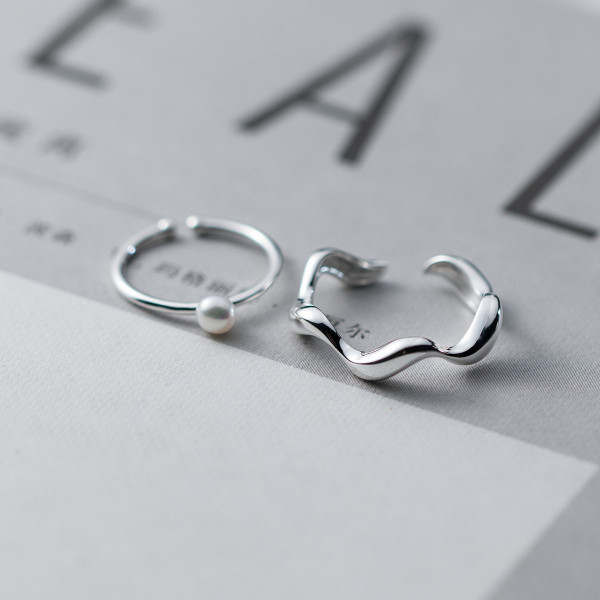A45315 s925 sterling silver trendy sweet weave pearl adjustable ring