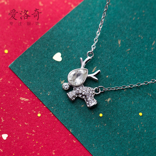 A34580 s925 sterling silver christmas rhinestone deer print cute red necklace