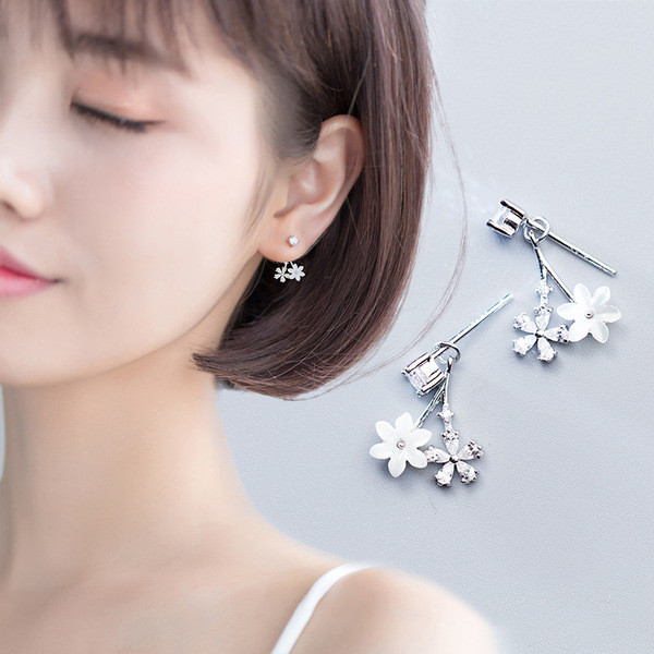 A32231 s925 sterling silver sweet rhinestone shell flower earrings