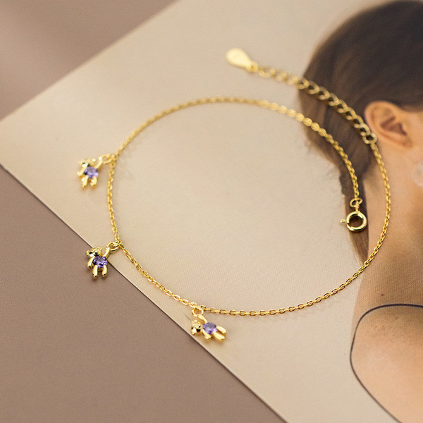 A34285 s925 sterling silver bear anklet chic simple trendy purple rhinestone swee bracelet