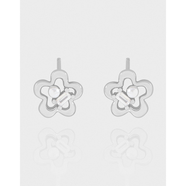 A43267 design flower cubic zirconia pearl stud sterling silver s925 earrings