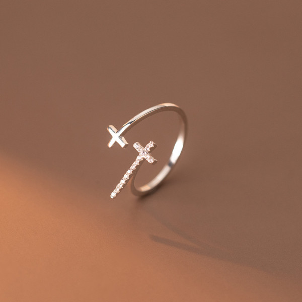 A35084 s925 sterling silver rhinestone cross adjustable ring