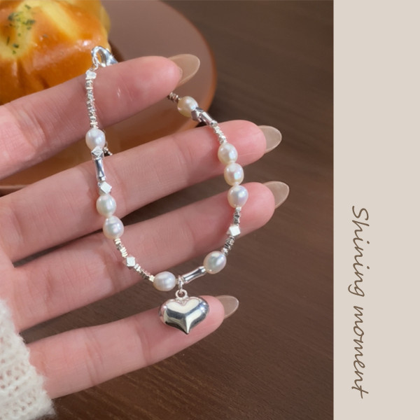 A39324 s925 silver pearl heart charm heartshape trendy bracelet