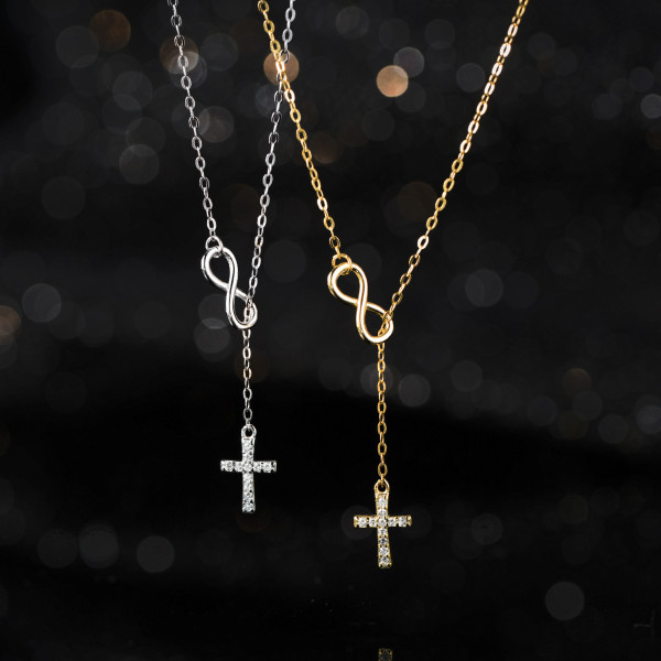 A44162 s925 silver trendy sweet rhinestone cross infinity necklace