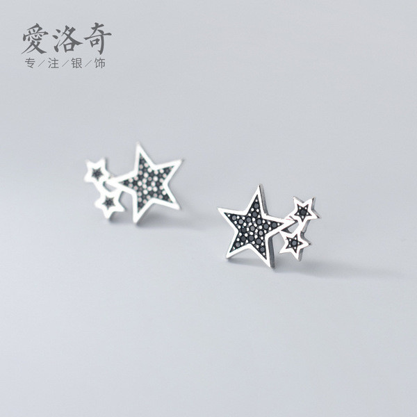 A32346 s925 sterling silver black rhinestone stars geometric chic trendy earrings