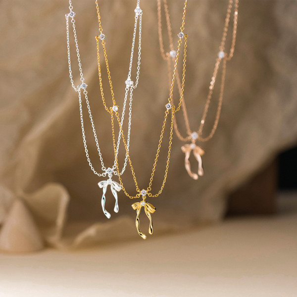 A44462 s925 silver trendy sweet dainty double layered butterfly necklace