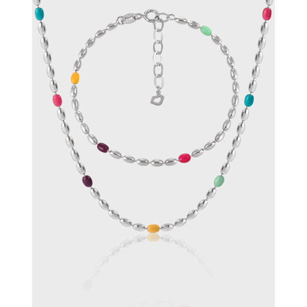 A42099 unique colorful oval beaded chain bar s925 sterling silver necklace