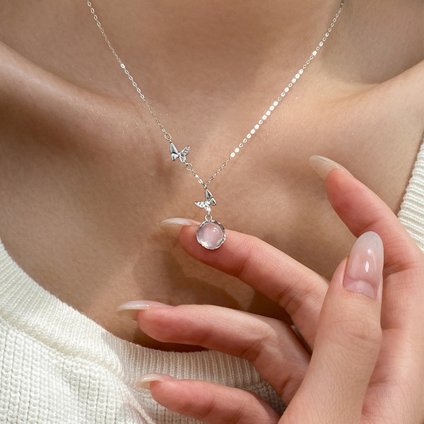 A42754 s925 sterling silver trendy sweet hollowed butterfly agate elegant necklace