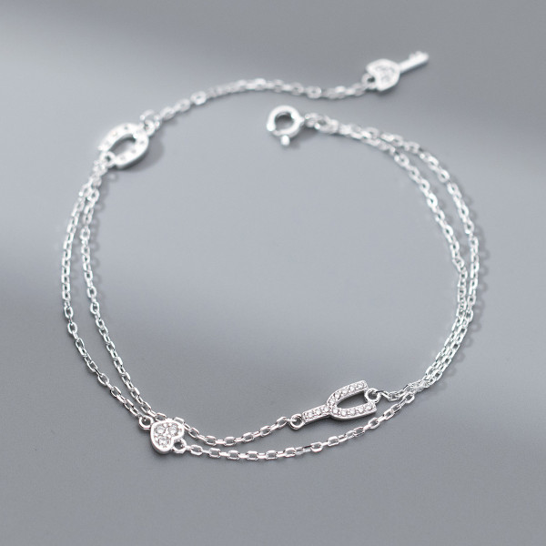 A40751 s925 sterling silver heart key double layer charm trendy sweet bracelet