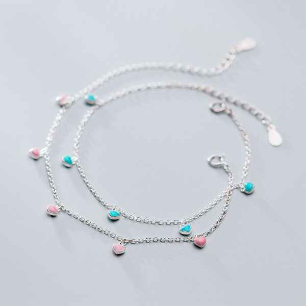 A40567 s925 silver charm simple pink green heart sweet bracelet