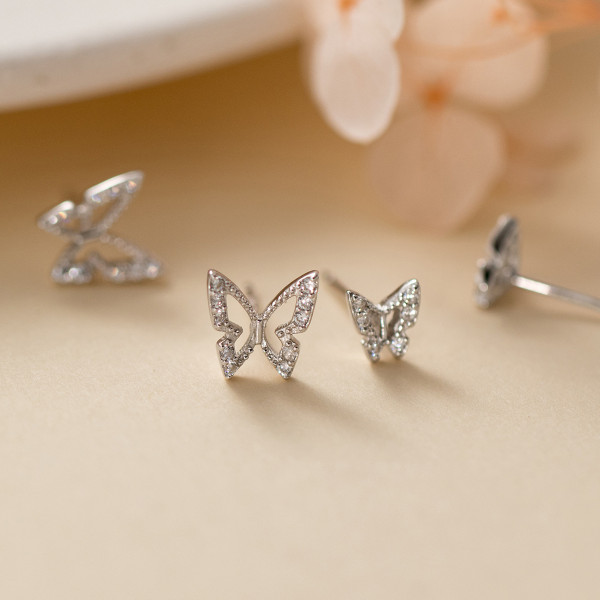 A41521 s925 sterling silver rhinestone hollowed butterfly stud elegant earrings