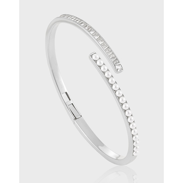A40946 elegant square rhinestone pearl s925 sterling silver bangle bracelet