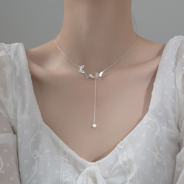 A32415 s925 sterling silver pearl tassel hollowed butterfly necklace