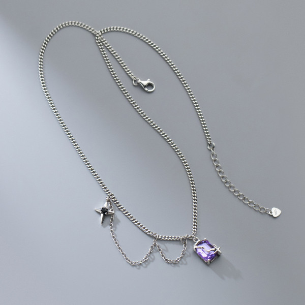 A35228 s925 sterling silver chic simple silver vintage purple rhinestone square necklace