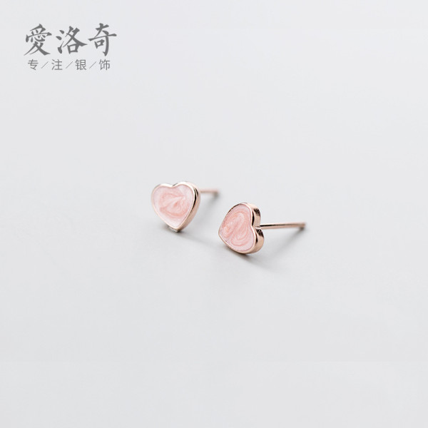 A40466 s925 silver heart stud fashion cute sweet pink earrings