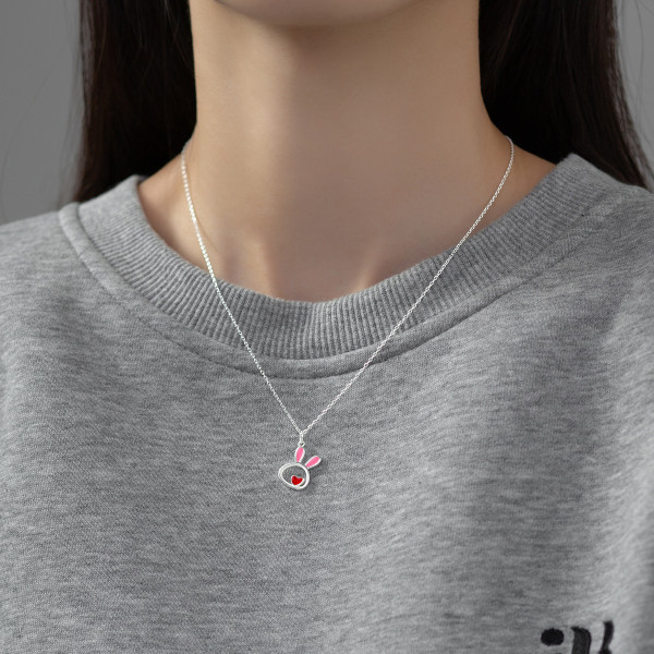 A38939 s925 sterling silver rabbit heart hollowed cute design necklace