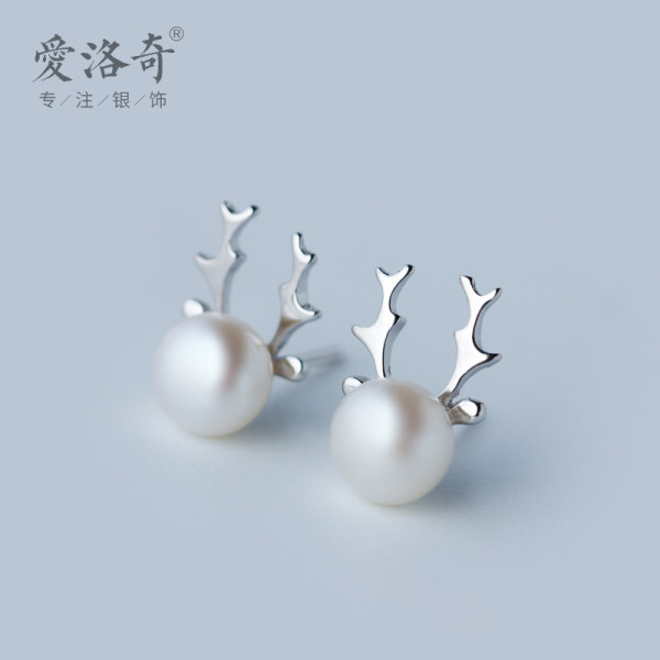 A40406 s925 sterling silver deer stud christmas artificial pearl trendy earrings