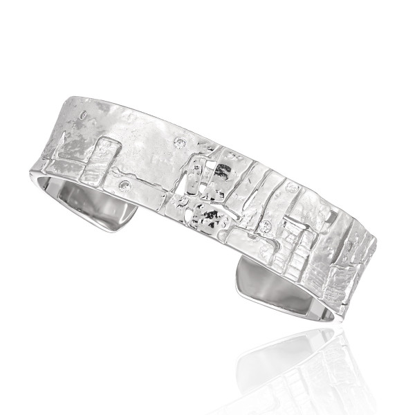 A43348 stone lines rhinestone s925 sterling silver wide design bangle bracelet